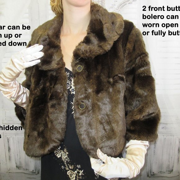 Sz S Faux Fur bolero jacket, Ann Taylor Loft, Dark brown, Collar, Half sleeves - Picture 8 of 11